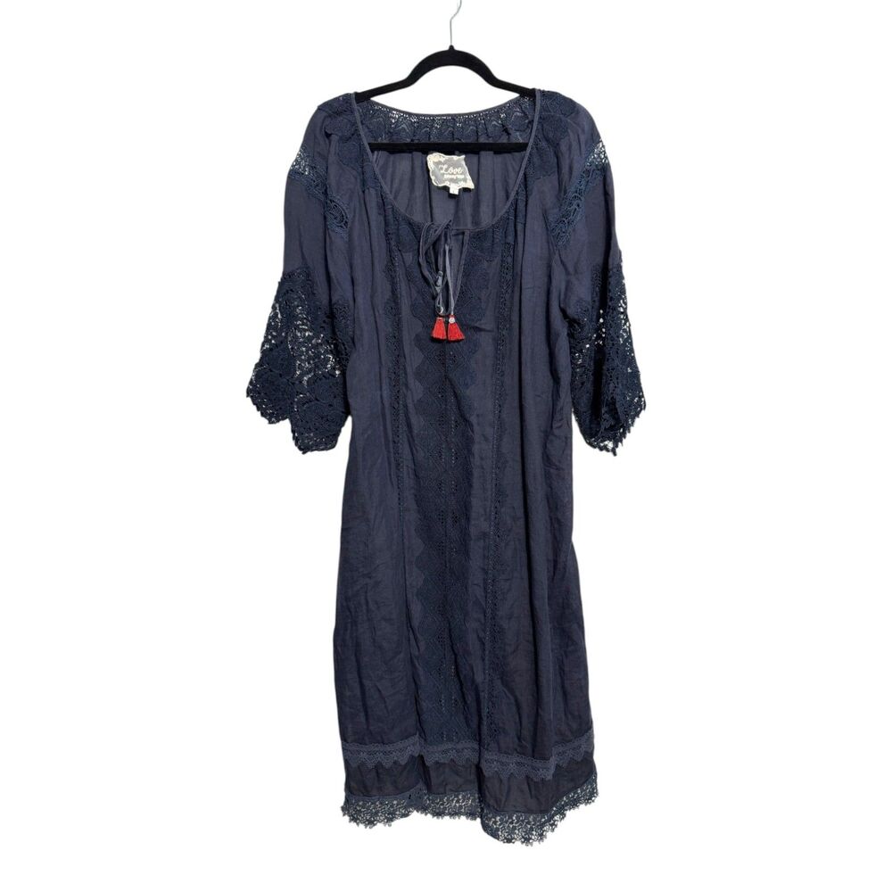 Love Johnny Was 100% Linen Navy Blue Floral Lace Eyelet Cover Up Size Large - Picture 1 of 3